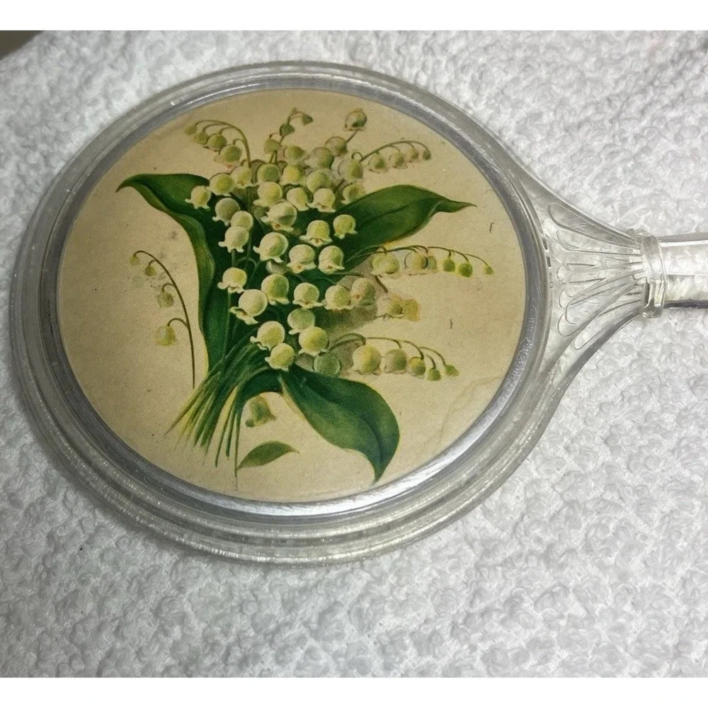Vintage Clear Lucite Vanity Hand Held Mirror 9.5 Inch Lilly of the Valley